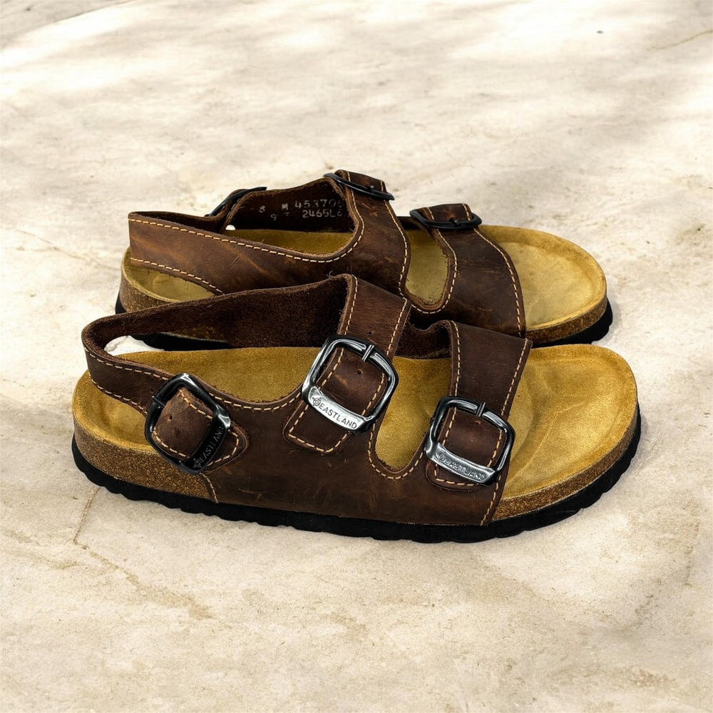 Eastland Women's 8M Brown Leather Triple Buckle Slingback Cork Sandals